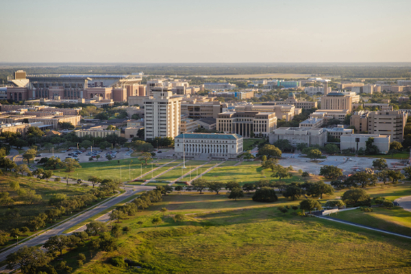 An aerial view of the Texas A&M University Campus.